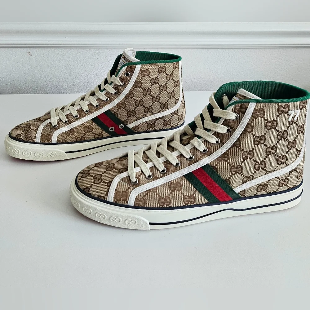 New Gucci Men's GG Tennis 1977 Brown High-Top Sneakers - Size 11
